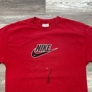 Vintage Nike Red Mens L Short Sleeve Spellout Swoosh Center Logo Sporty T-Shirt